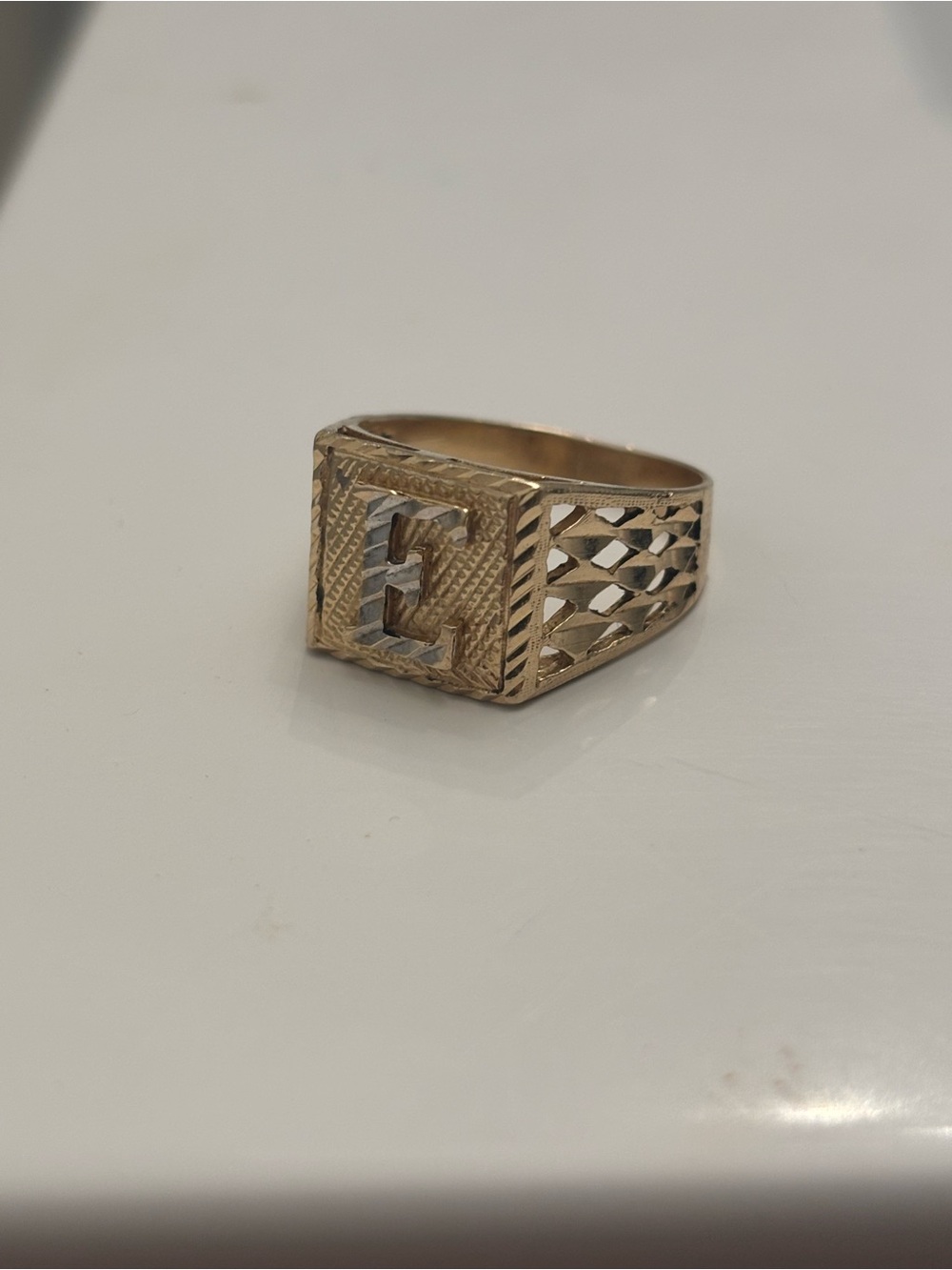 Men's Gold Initial 'E' Signet Ring - Classic Textured Design